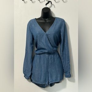 Loft denim romper size xs, elastic waistband, plunge v-neckline
